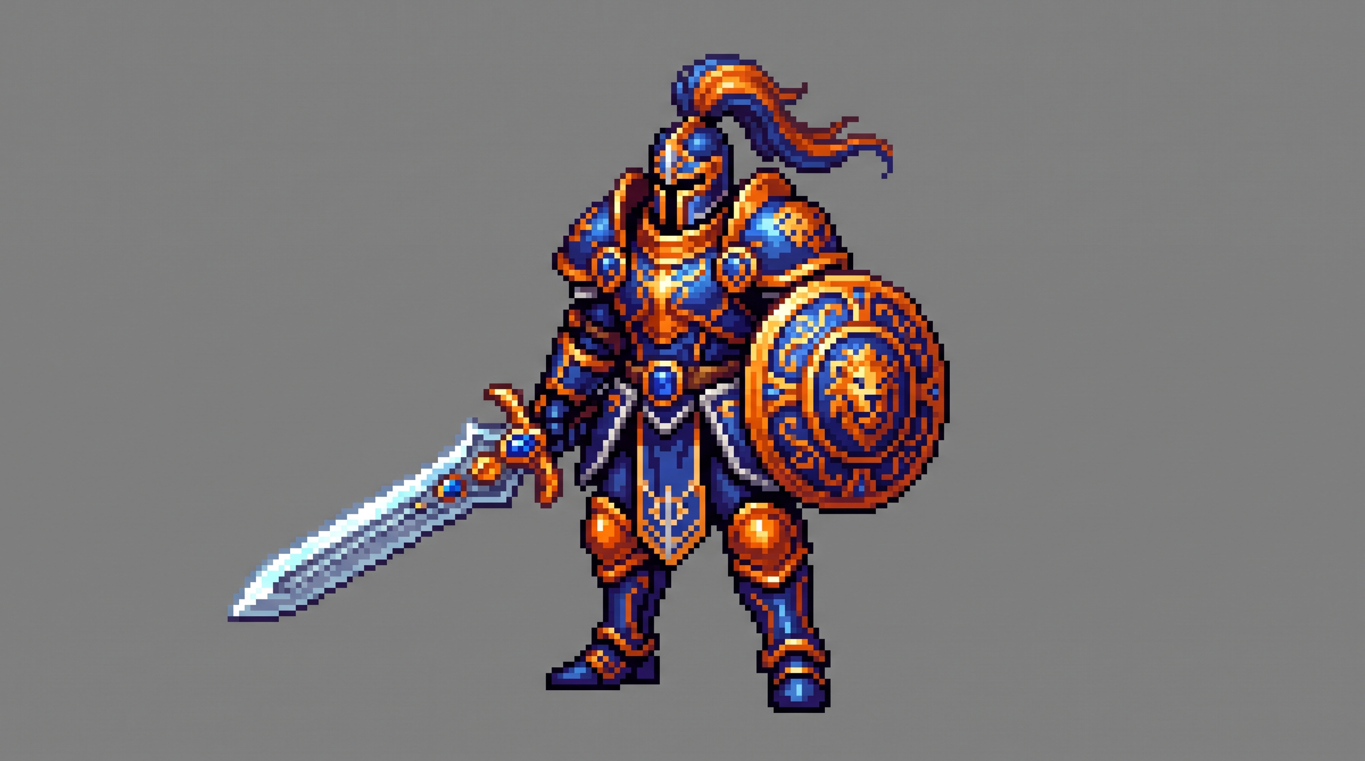 Blue and gold pixel-art knight holding a sword and shield